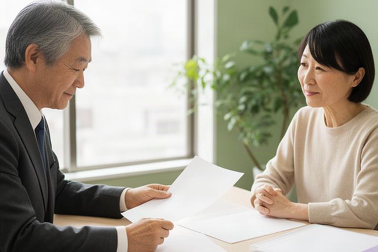 相談員が明るい窓辺で中高年の相談者と年金書類を確認している相談室